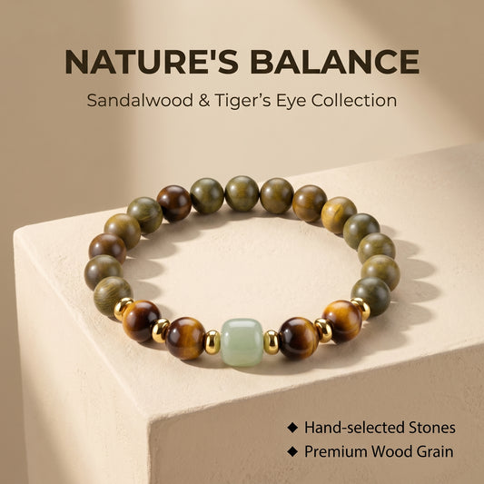 Green Sandalwood and Yellow Tiger Eye Beaded Bracelet for Men and Women, Natural Wood and Stone Jewelry with Polished Beads, Golden Polished Style for Daily Wear, Meditation, Layering, and Gifts