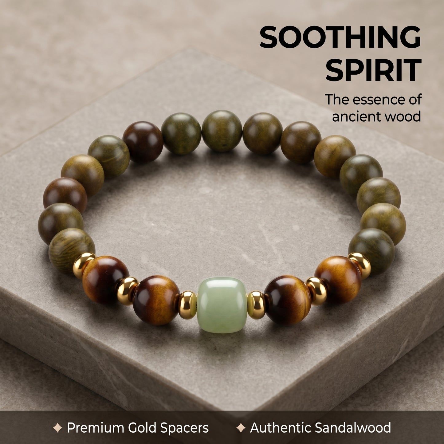 Green Sandalwood and Yellow Tiger Eye Beaded Bracelet for Men and Women, Natural Wood and Stone Jewelry with Polished Beads, Golden Polished Style for Daily Wear, Meditation, Layering, and Gifts