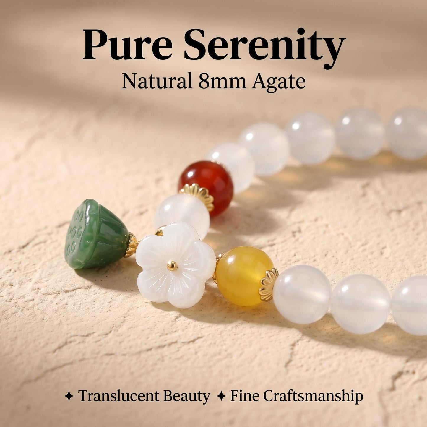 Natural White Agate Bracelet for Women, Translucent Beaded Stretch Wrist Jewelry with Floral Charm, Everyday Elegant Crystal Bracelet for Mindful Moments and Gift Styling