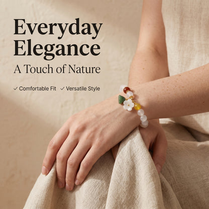 Natural White Agate Bracelet for Women, Translucent Beaded Stretch Wrist Jewelry with Floral Charm, Everyday Elegant Crystal Bracelet for Mindful Moments and Gift Styling