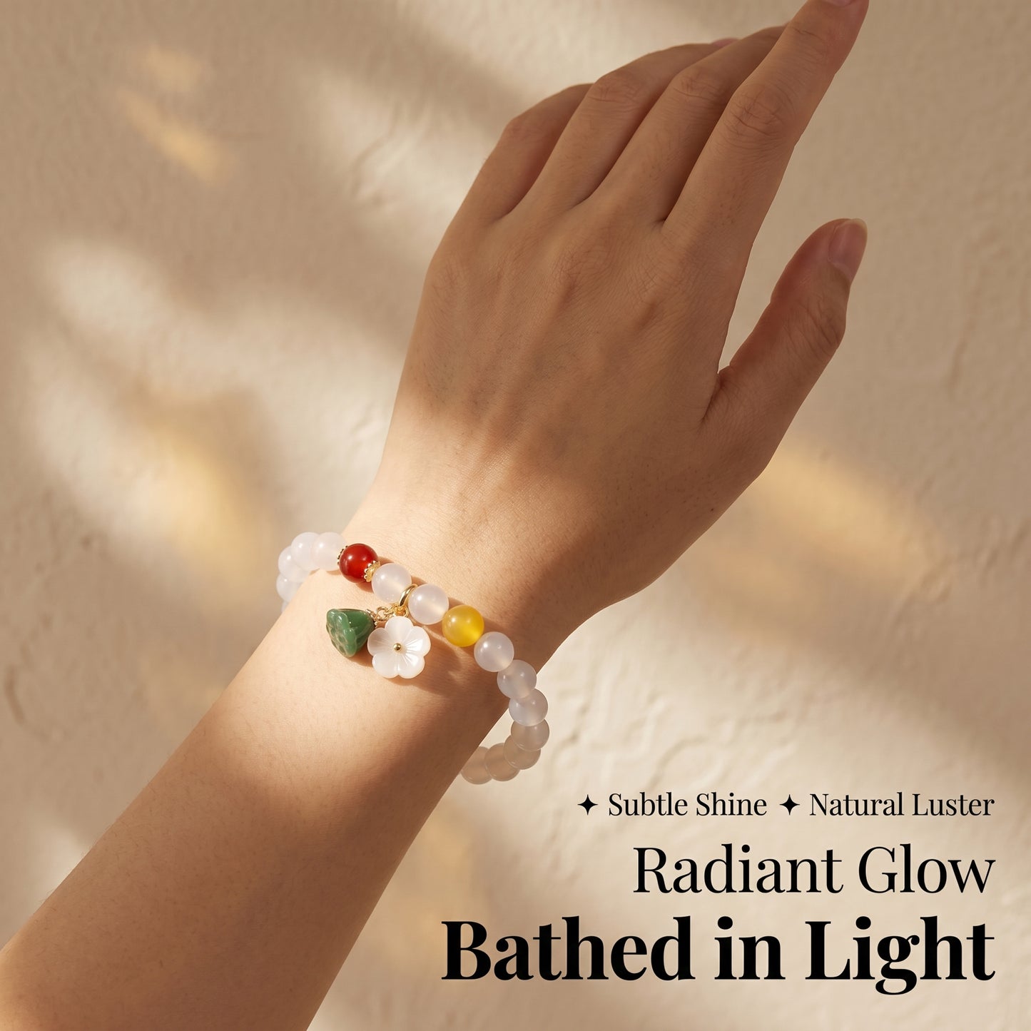 Natural White Agate Bracelet for Women, Translucent Beaded Stretch Wrist Jewelry with Floral Charm, Everyday Elegant Crystal Bracelet for Mindful Moments and Gift Styling