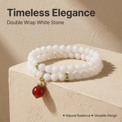 White Stone Double Wrap Bracelet for Women, Natural Stone Bead Wrist Jewelry with Polished Beads, Soft Neutral Style for Daily Outfits, Meditation, Layering, and Gift Styling