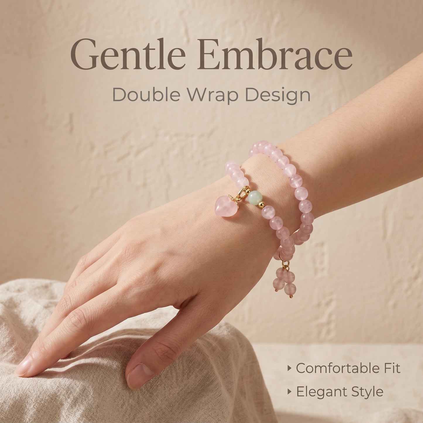 Rose Quartz Double Wrap Bracelet for Women, Natural Crystal Stone Wrist Jewelry with Polished Beads, Romantic Crystal Style for Daily Outfits, Meditation, Layering, and Gift Styling