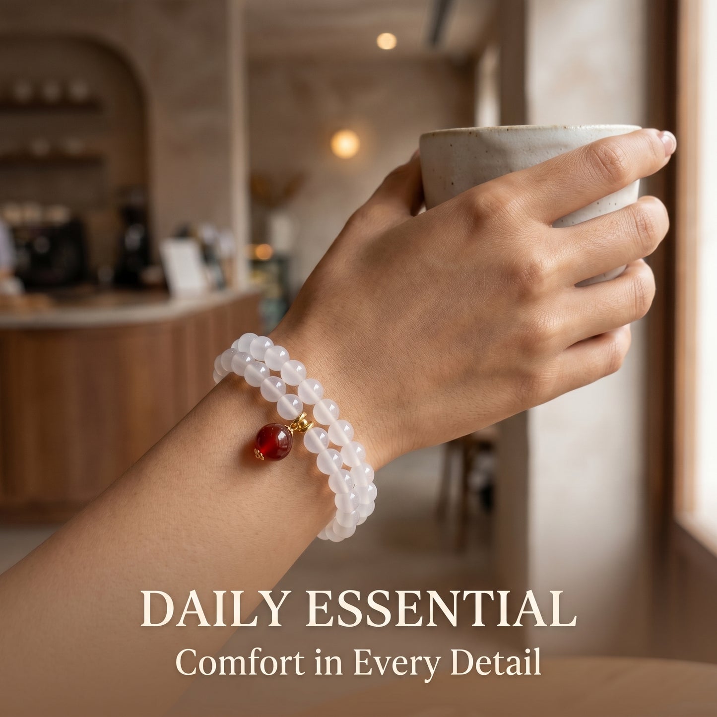 White Agate Double Wrap Bracelet for Women, Natural Stone Bead Wrist Jewelry with Polished Beads, Soft Neutral Style for Daily Outfits, Meditation, Layering, and Gift Styling