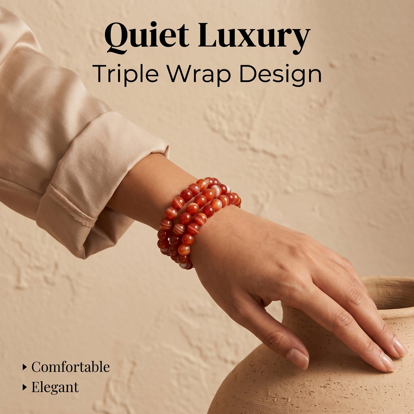 Red Banded Agate Triple Wrap Bracelet for Women, Natural Stone Bead Wrist Jewelry with Polished Beads, Warm Confident Style for Daily Outfits, Meditation, Layering, and Gift Styling