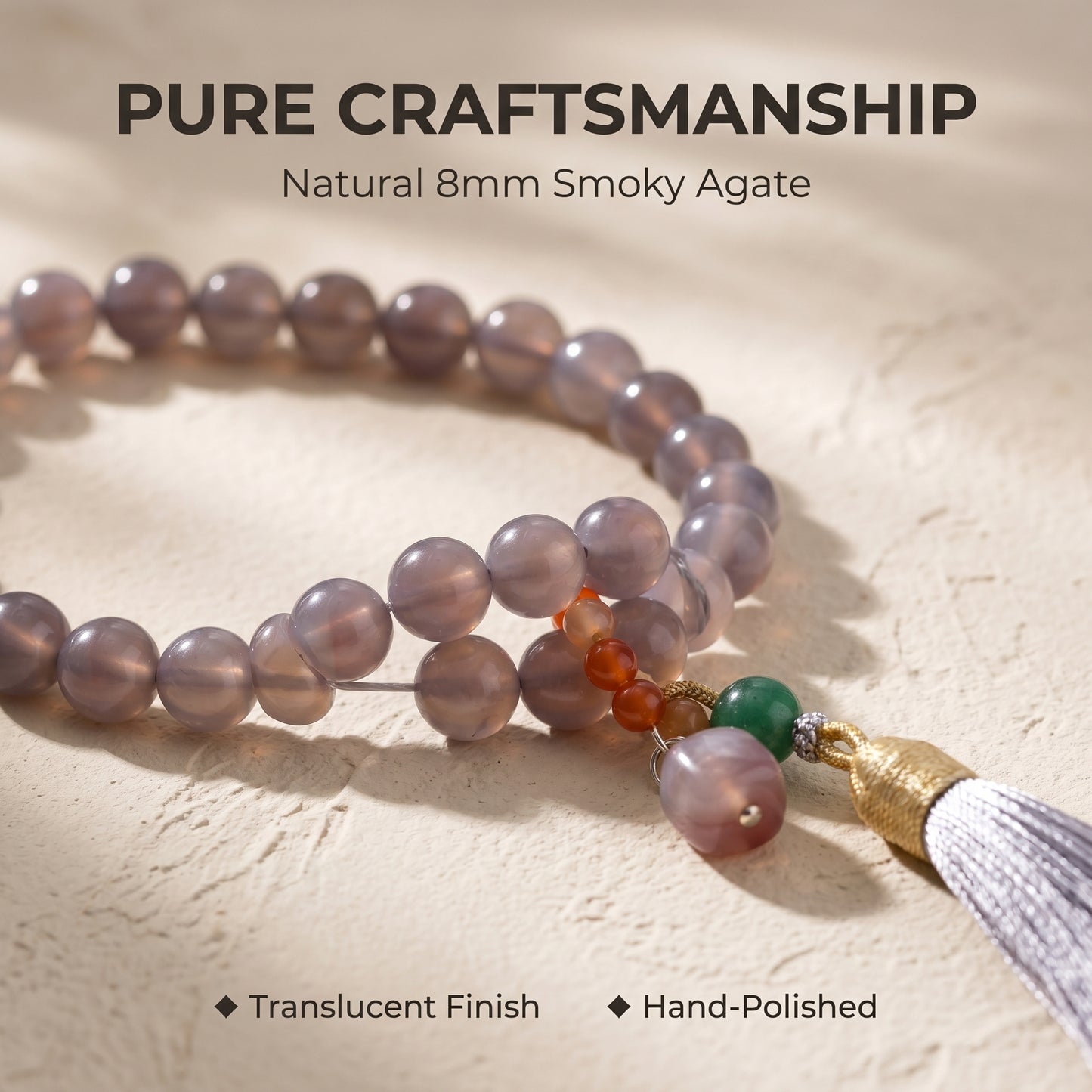 Smoky Agate Mala Style Bracelet for Women, Natural Stone Bead Wrist Jewelry with Polished Beads, Modern Grounded Style for Daily Outfits, Meditation, Layering, and Gift Styling