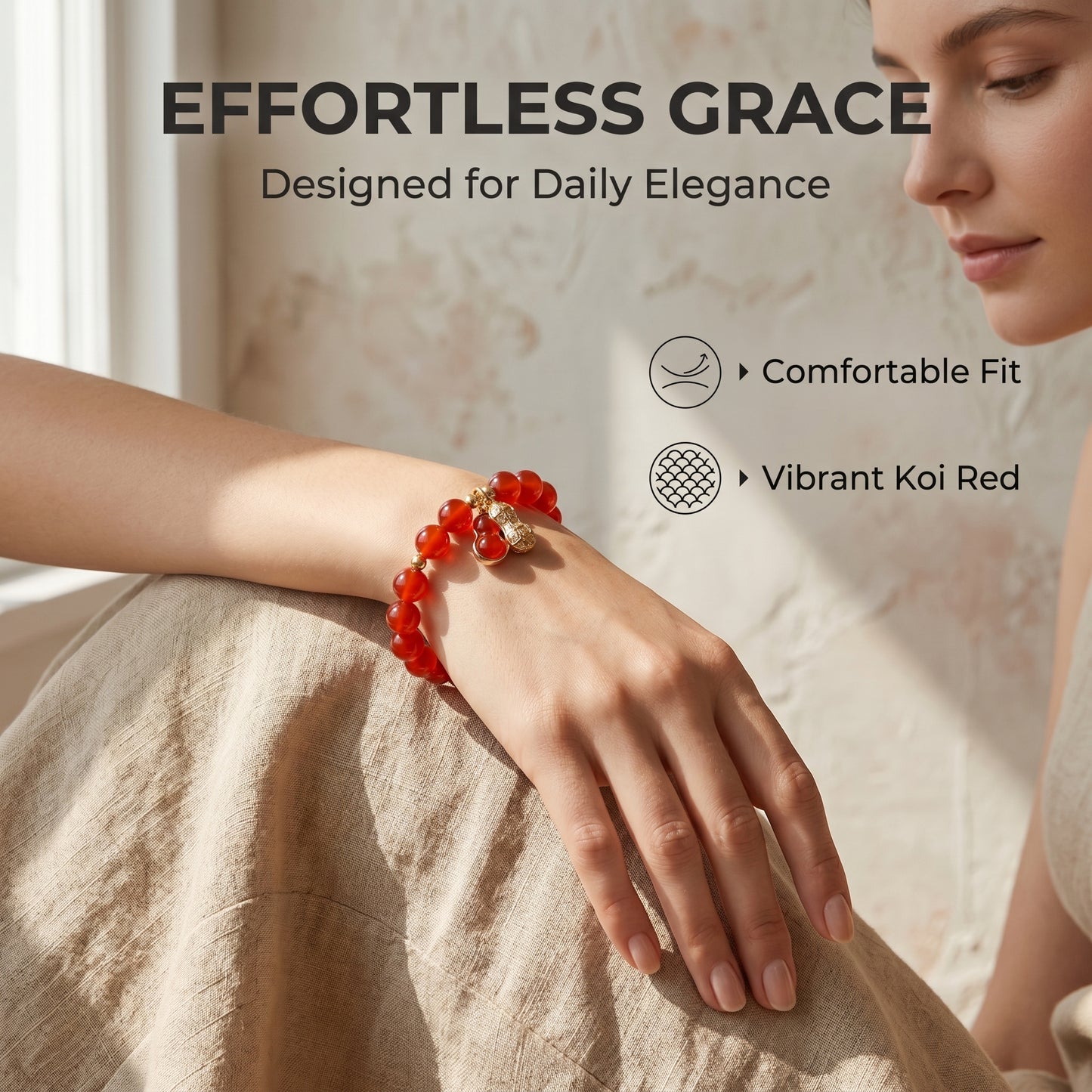 Koi Agate Beaded Bracelet for Women, Natural Stone Bead Wrist Jewelry with Polished Beads, Natural Polished Style for Daily Outfits, Meditation, Layering, and Gift Styling