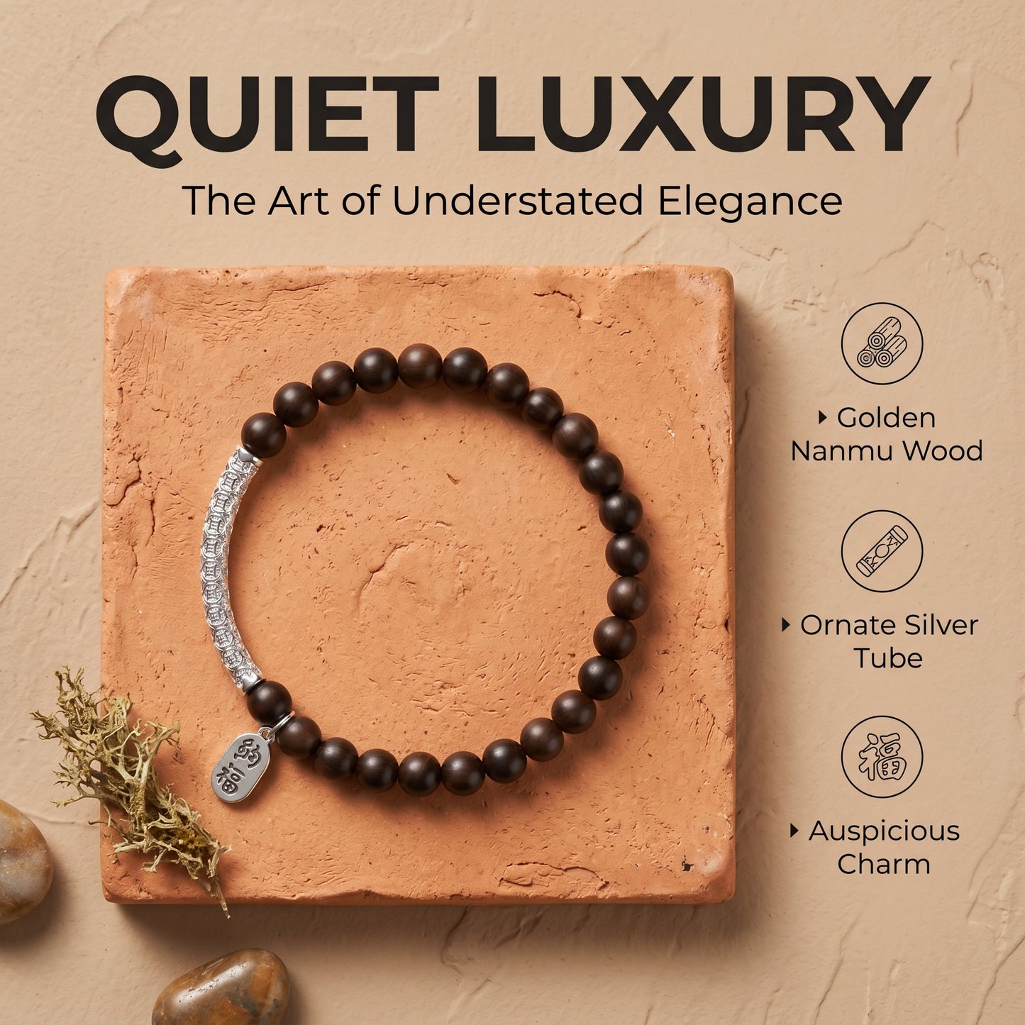Golden Nanmu Wood Beaded Bracelet for Men and Women, Natural Wood Bead Wrist Jewelry with Polished Beads, Earthy Minimalist Style for Daily Outfits, Meditation, Layering, and Gift Styling