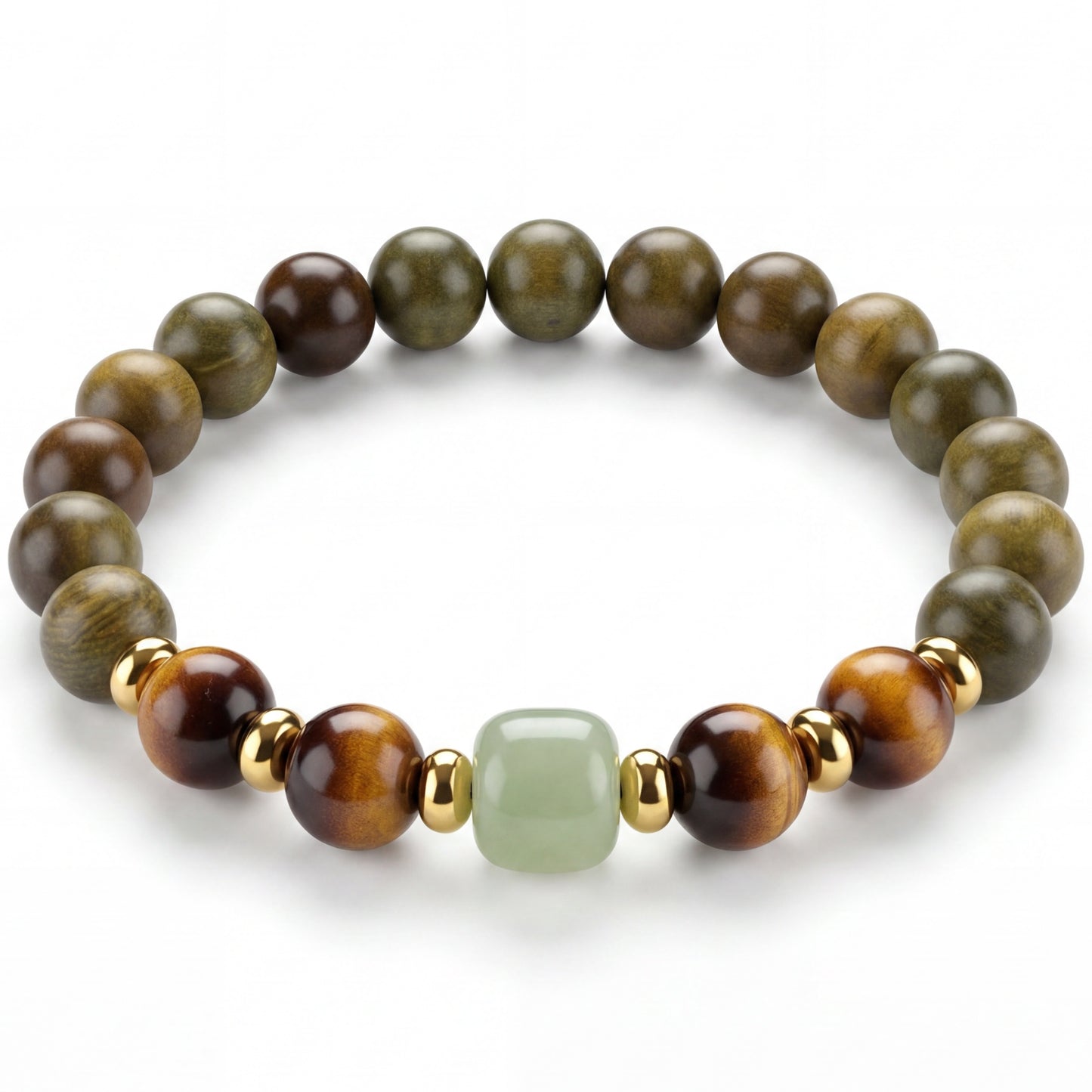 Green Sandalwood and Yellow Tiger Eye Beaded Bracelet for Men and Women, Natural Wood and Stone Jewelry with Polished Beads, Golden Polished Style for Daily Wear, Meditation, Layering, and Gifts