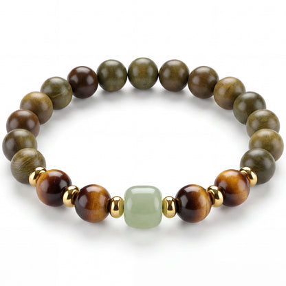 Green Sandalwood and Yellow Tiger Eye Beaded Bracelet for Men and Women, Natural Wood and Stone Jewelry with Polished Beads, Golden Polished Style for Daily Wear, Meditation, Layering, and Gifts