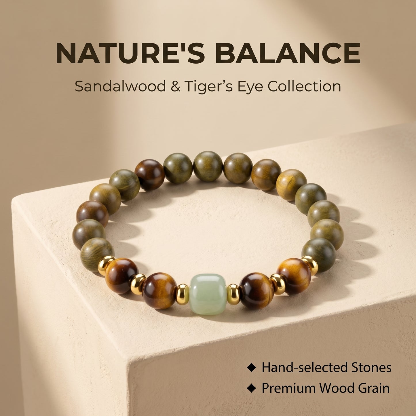 Green Sandalwood and Yellow Tiger Eye Beaded Bracelet for Men and Women, Natural Wood and Stone Jewelry with Polished Beads, Golden Polished Style for Daily Wear, Meditation, Layering, and Gifts