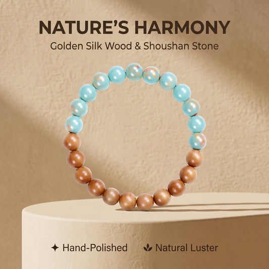 Golden Sandalwood and Shoushan Stone Beaded Bracelet for Men and Women, Natural Wood and Stone Jewelry with Polished Beads, Earthy Minimalist Style for Daily Wear, Meditation, Layering, and Gifts