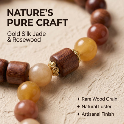Golden Silk Jade and Rosewood Beaded Bracelet for Men and Women, Natural Wood and Stone Jewelry with Polished Beads, Earthy Minimalist Style for Daily Wear, Meditation, Layering, and Gifts