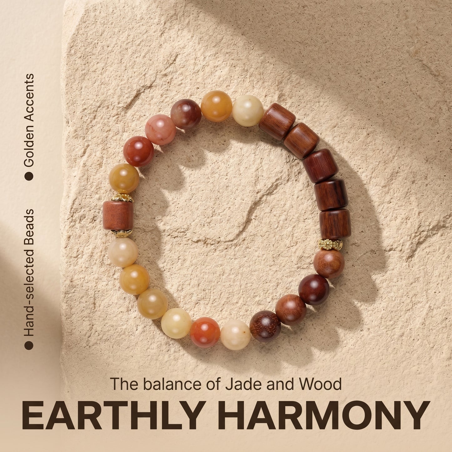 Golden Silk Jade and Rosewood Beaded Bracelet for Men and Women, Natural Wood and Stone Jewelry with Polished Beads, Earthy Minimalist Style for Daily Wear, Meditation, Layering, and Gifts