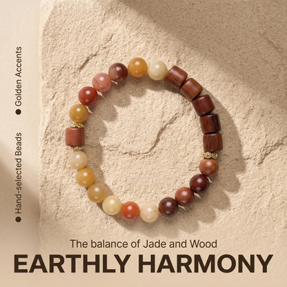 Golden Silk Jade and Rosewood Beaded Bracelet for Men and Women, Natural Wood and Stone Jewelry with Polished Beads, Earthy Minimalist Style for Daily Wear, Meditation, Layering, and Gifts