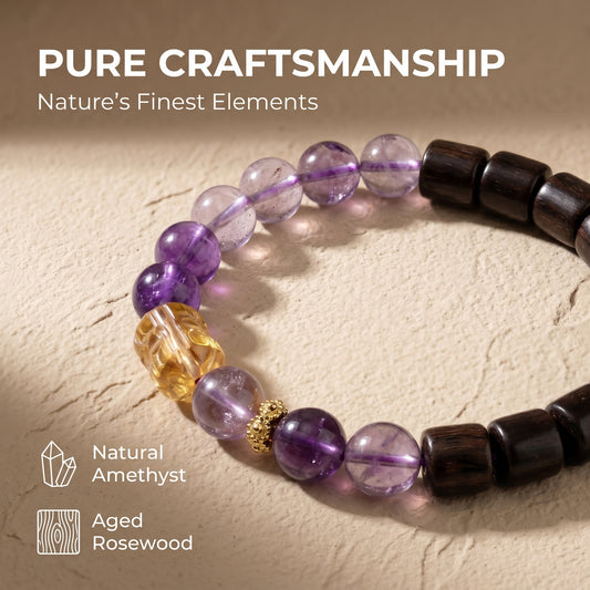 Amethyst and Rosewood Beaded Bracelet for Men and Women, Natural Wood and Stone Wrist Jewelry with Polished Beads, Serene Violet Style for Daily Outfits, Meditation, Layering, and Gift Styling