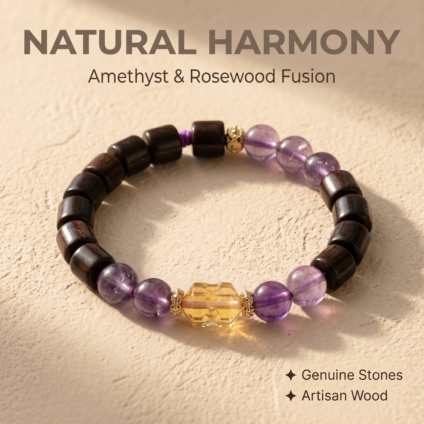 Amethyst and Rosewood Beaded Bracelet for Men and Women, Natural Wood and Stone Wrist Jewelry with Polished Beads, Serene Violet Style for Daily Outfits, Meditation, Layering, and Gift Styling