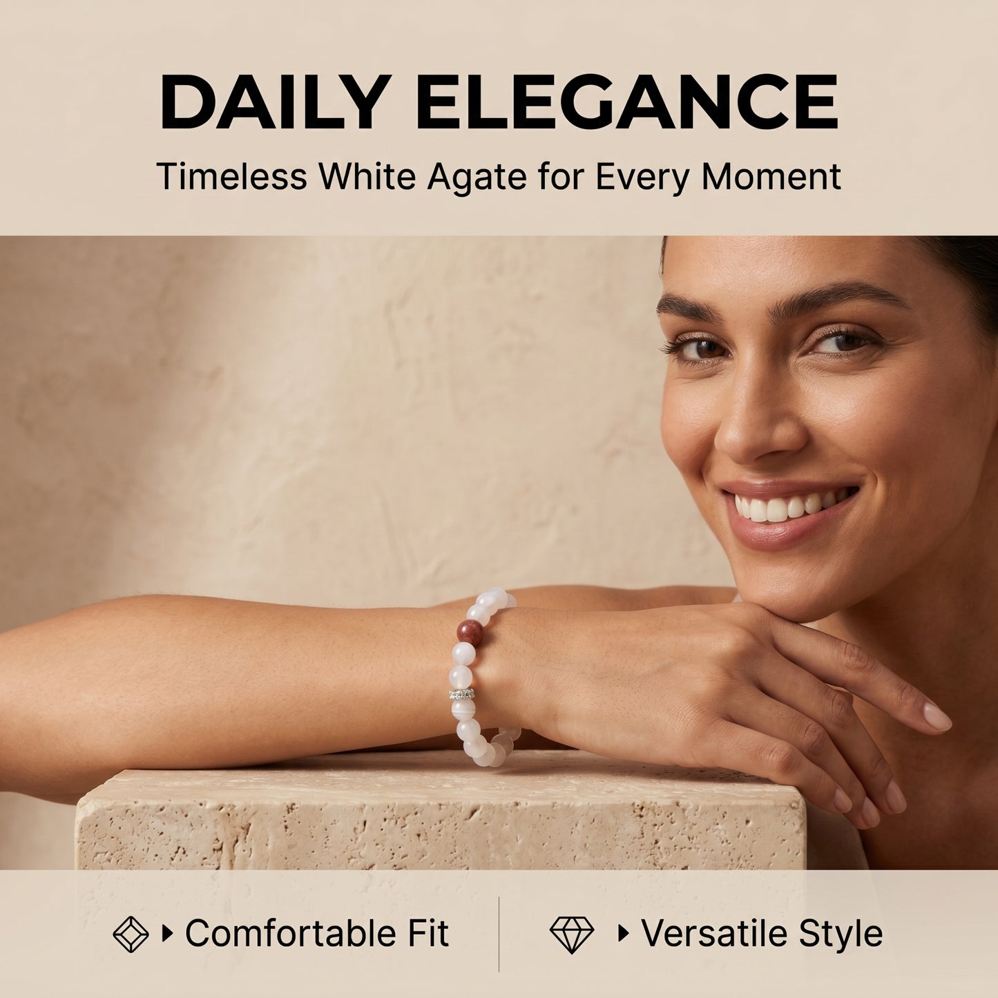 White Agate Beaded Bracelet for Women, Natural Stone Bead Wrist Jewelry with Polished Beads, Soft Neutral Style for Daily Outfits, Meditation, Layering, and Gift Styling