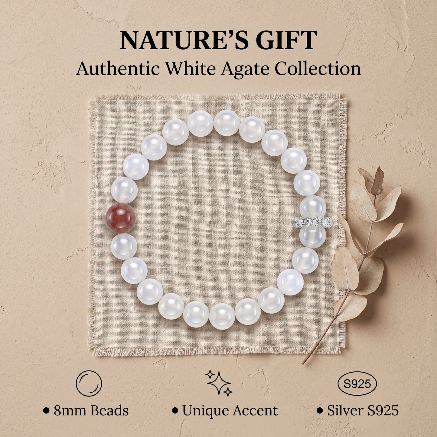 White Agate Beaded Bracelet for Women, Natural Stone Bead Wrist Jewelry with Polished Beads, Soft Neutral Style for Daily Outfits, Meditation, Layering, and Gift Styling